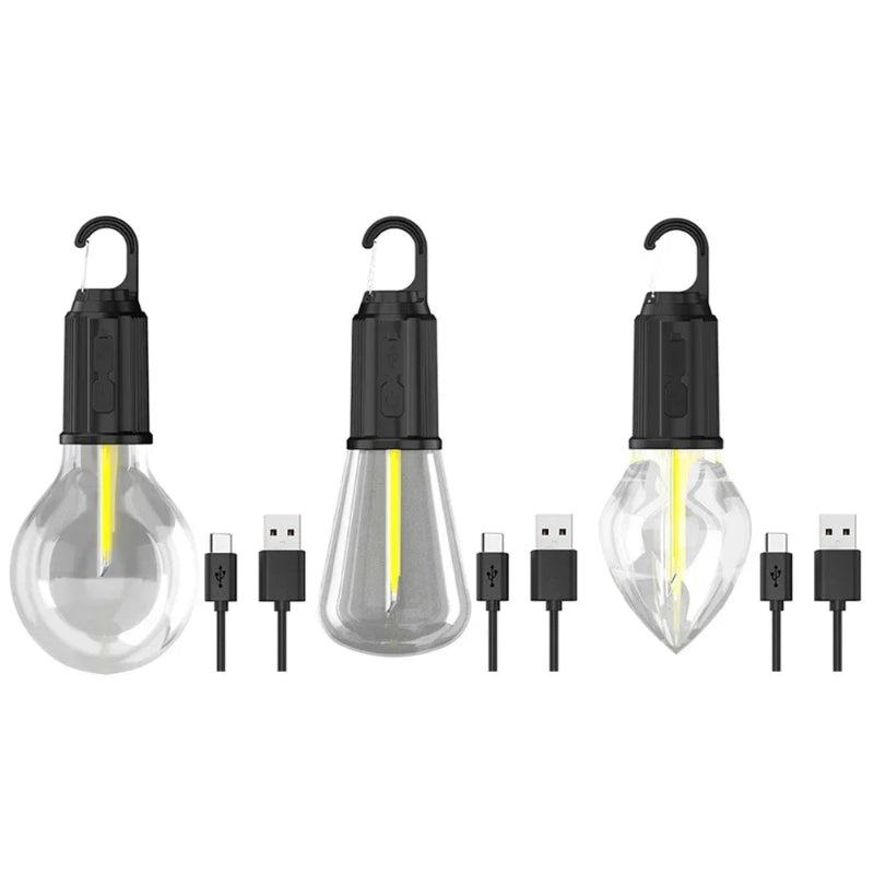 Lanterne LED rechargeables USB-c au look ampoule pour camping ou bivouac 3 formes