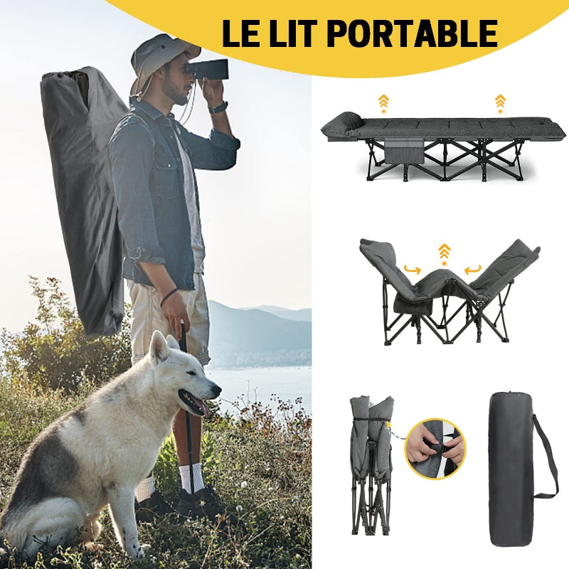Lit de camping, pliant avec matelas et oreiller intégrés, camping
