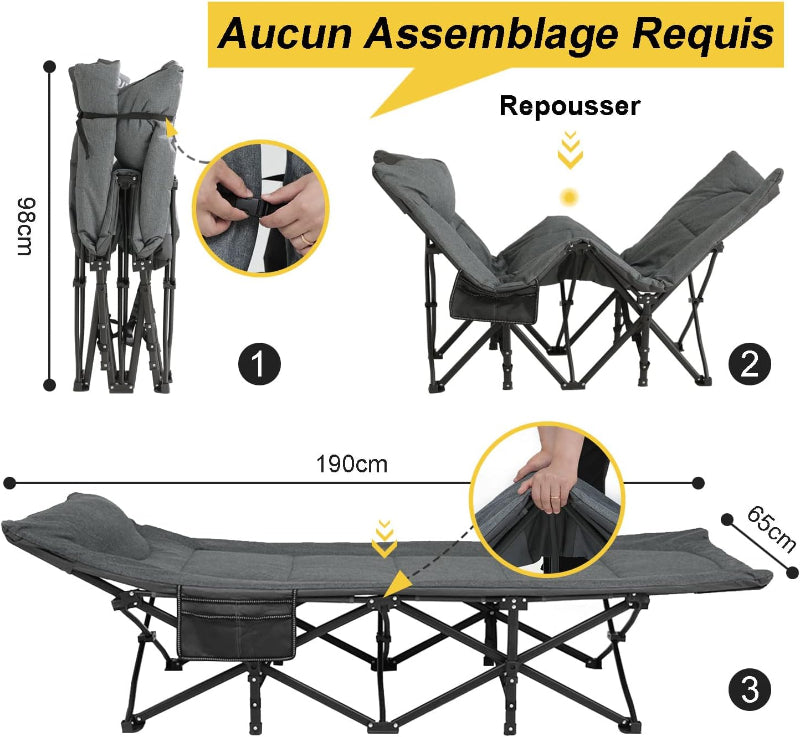 Lit de camping, pliant avec matelas et oreiller intégrés, camping, solide