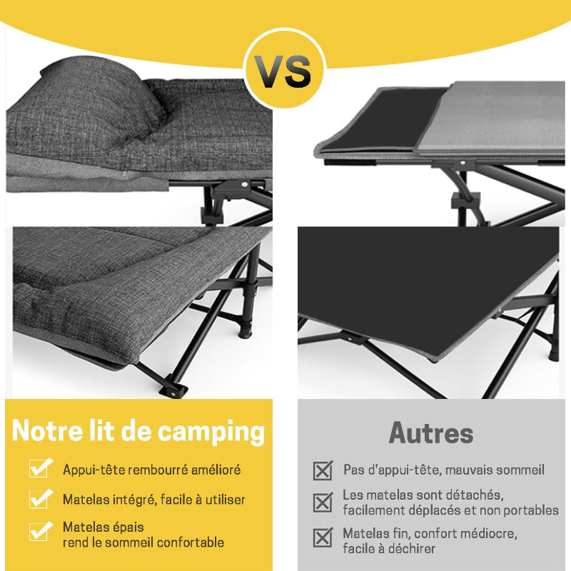 Lit de camping, pliant avec matelas et oreiller intégrés,  pas cher