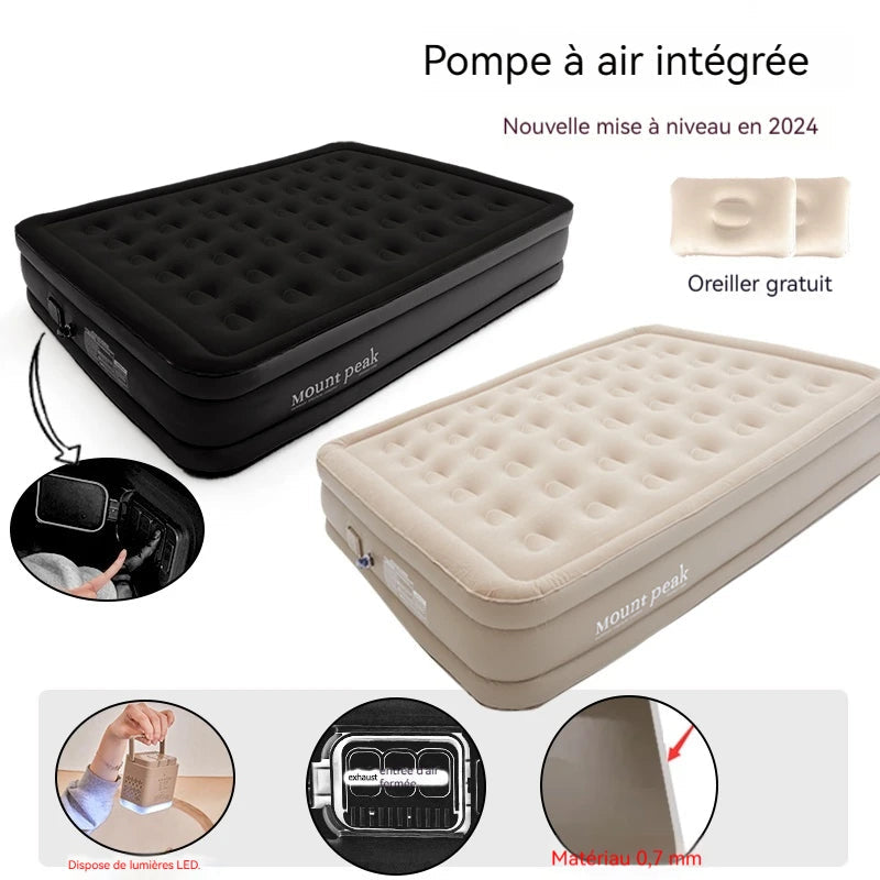 Matelas gonflable, gonfleur à batterie rechargeable intégré.