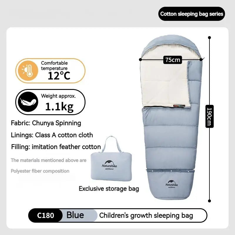 Sac de Couchage Enfant, duvet, 3 saisons, bleu, 1,1kg