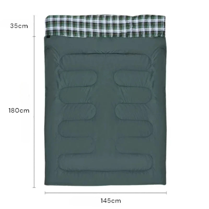 Sac de couchage 2 personnes, XXL, avec 2 oreillers intégrés.