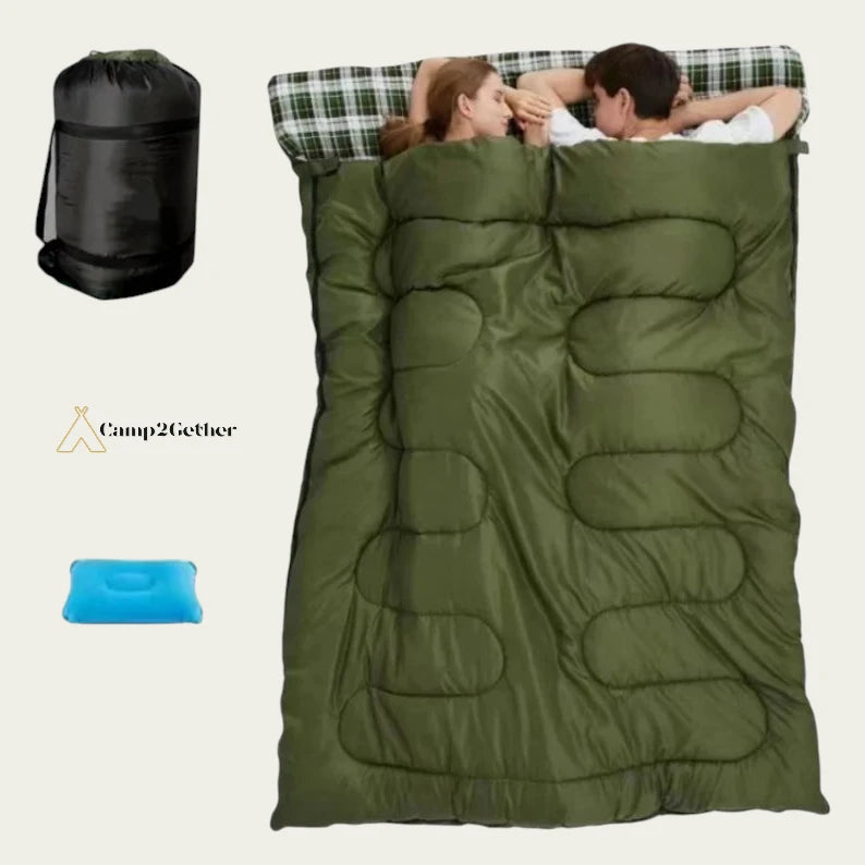 Sac de couchage 2 personnes, XXL, avec 2 oreillers intégrés.