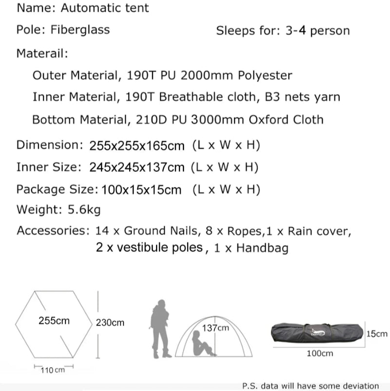 Tente de Camping ou bivouac, pour 3-4 personnes, détails